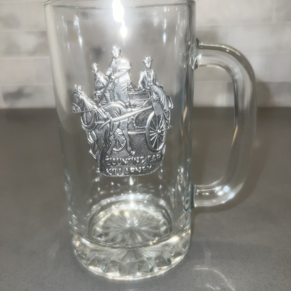Beer mug pewter medallion with a "Jaunting Car Killarney". Ireland.